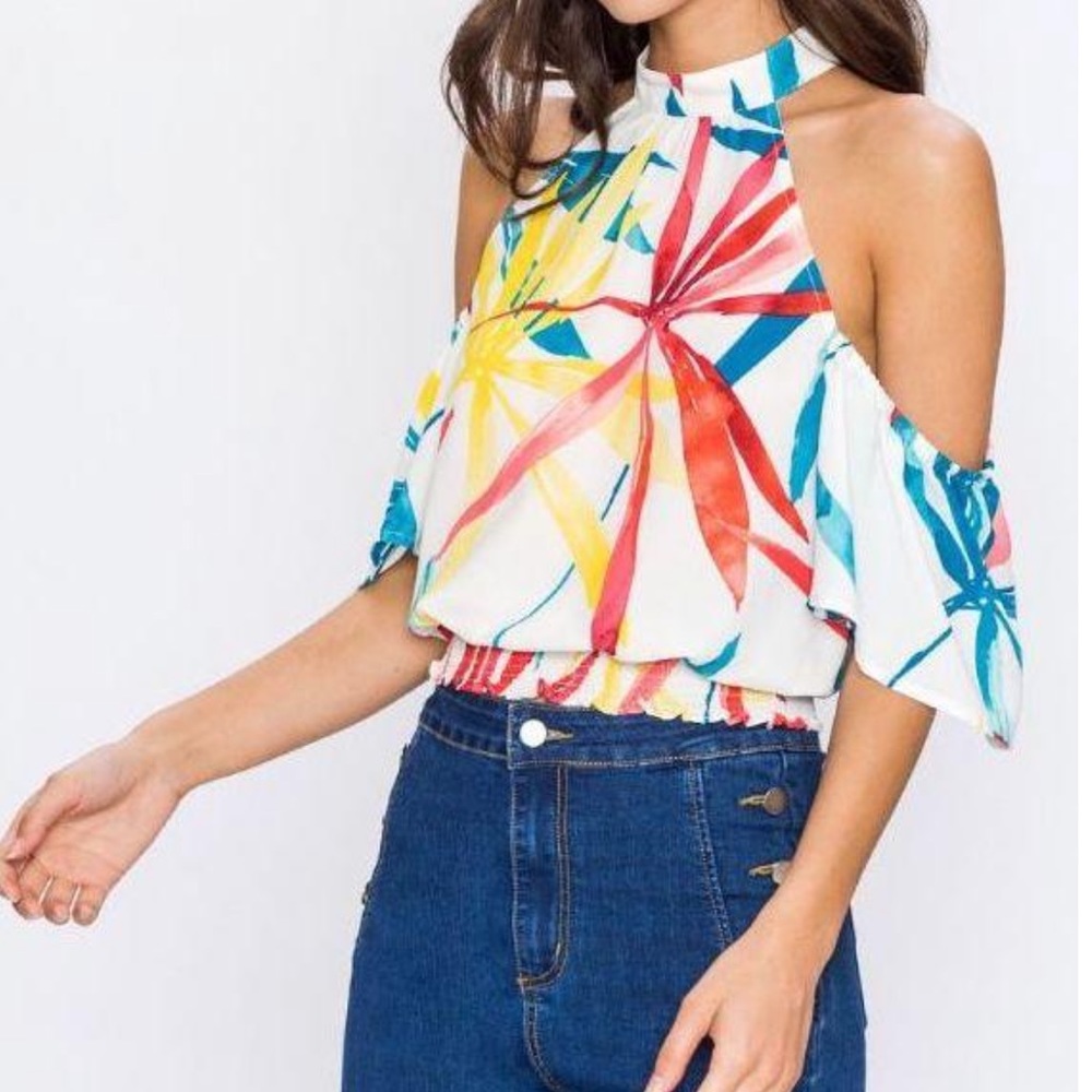 High Neck Top Abstract Tropical Print - Off White